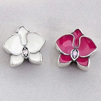 

Original White & Red Enamel Orchid Flower With Crystal Beads Fit 925 Sterling Silver Bead Charm Pandora Bracelet DIY Jewelry