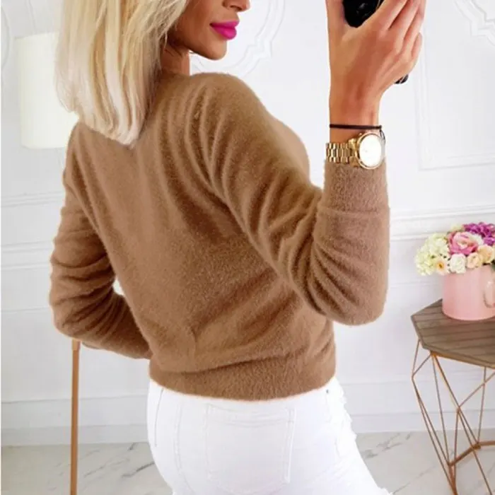 Women Casual Solid Plush Sweatshirt Twist Knot Slim Short Tops Autumn Blouse NGD88