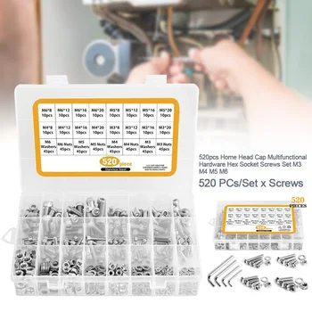 

520pcs Hex Socket Screws Set Universal Multifunctional Hardware Bolts Head Cap With Storage Box M3 M4 M5 M6 Portable Nuts Washer