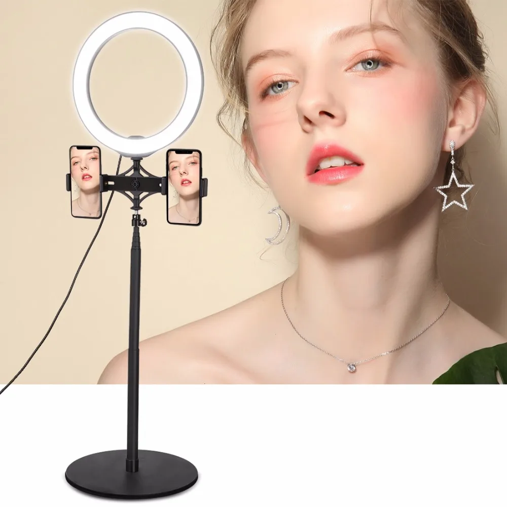 PULUZ 140cm Round Base Desktop Mount+ Live Broadcast Dual Phone Bracket+ 10.2 inch 26cm LED Ring Vlogging Video Light Kits