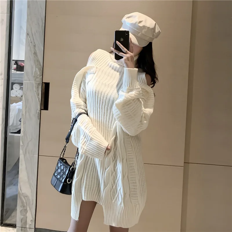 creamy white Женский свитер, зимний,, узор, длинный, без бретелек, свободный, водолазка, одежда для женщин - Цвет: creamy white