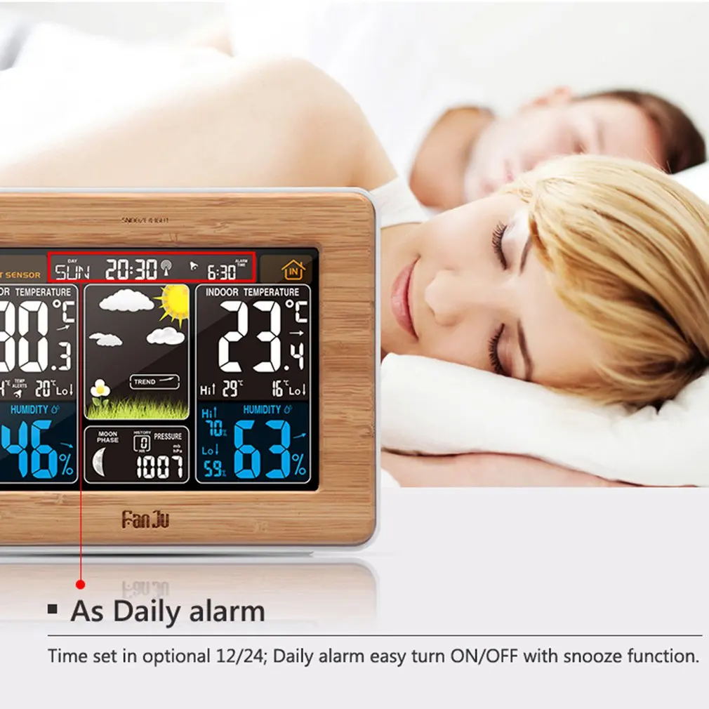 FJ3365-DCF Color Screen Weather Forecast Clock Bamboo Electric Wave Clock Multi-Function Electronic Rf Wireless Calendar US