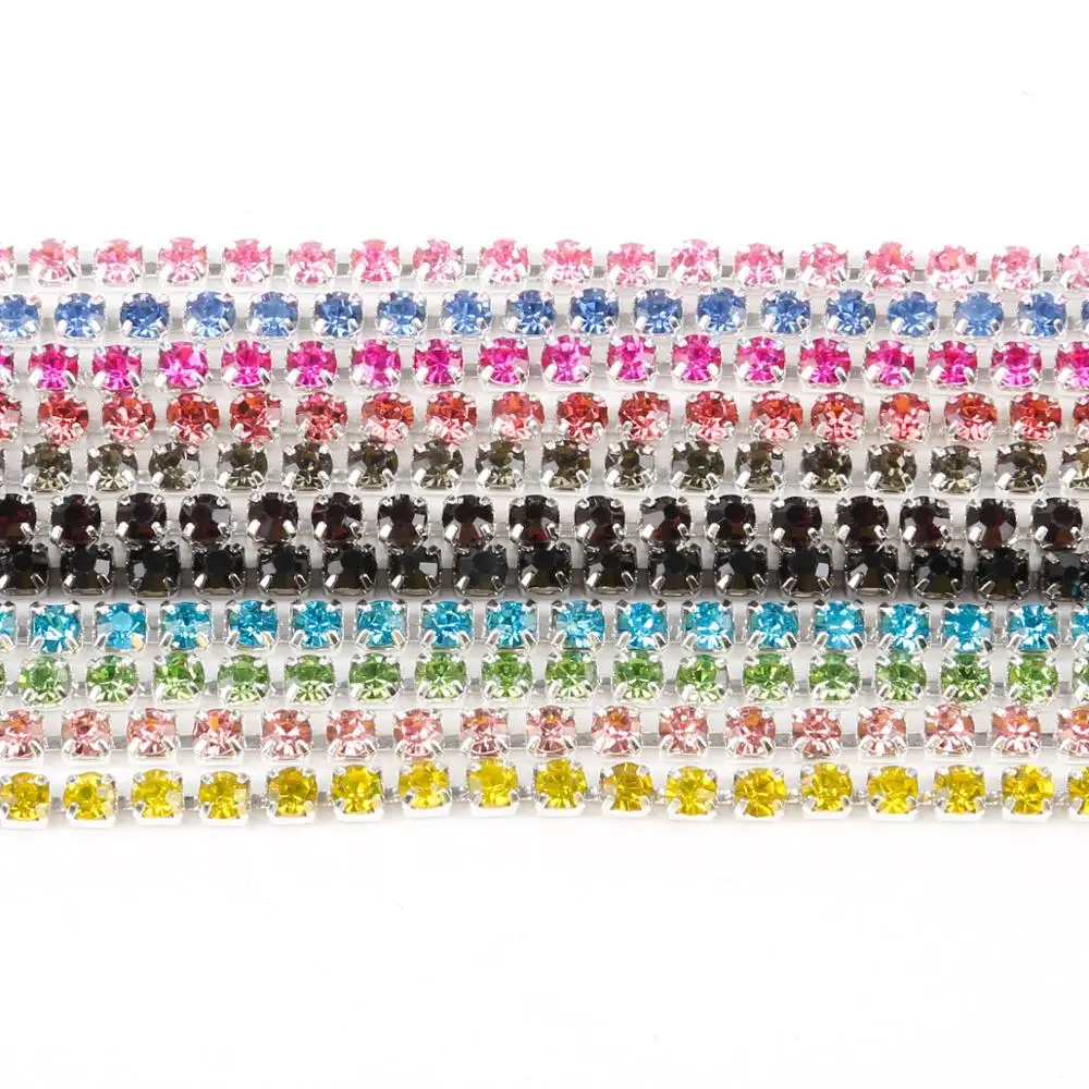 1M Sewing Crystal Rhinestone Chain SS6 SS8 SS10 SS12 Silver Base Claw Gule on Rhinestone Trim DIY Beauty Accessories rhinestone chain