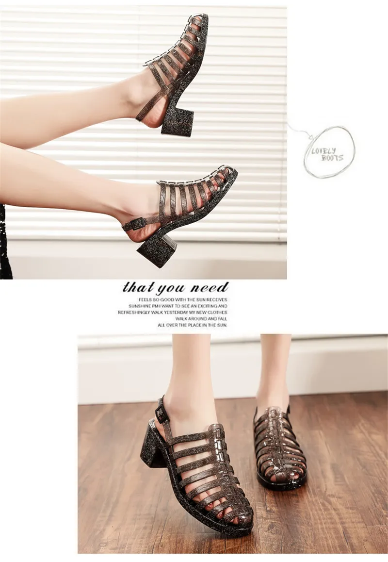 Rain Closed Toe Sandals Female High-Heeled Shoes Transparent Crystal Plastic Beach Women Jelly Shoes High Heels Sandals Slippers Waterproof  (19)