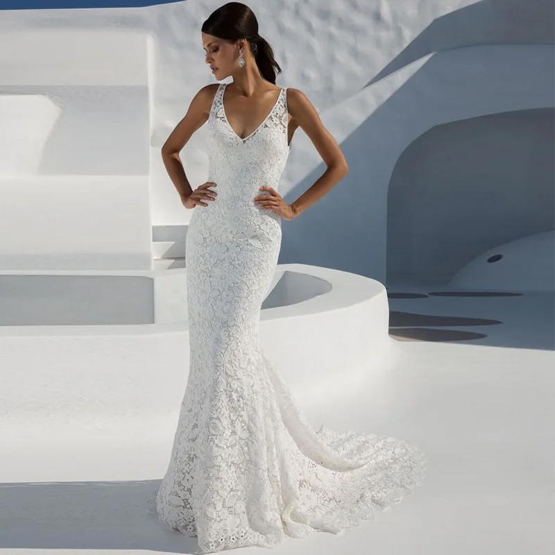 Aas018 robe de mariee кружевное свадебное платье с v-образным вырезом сексуальное винтажное свадебное платье с открытой спиной в рыбном стиле на заказ