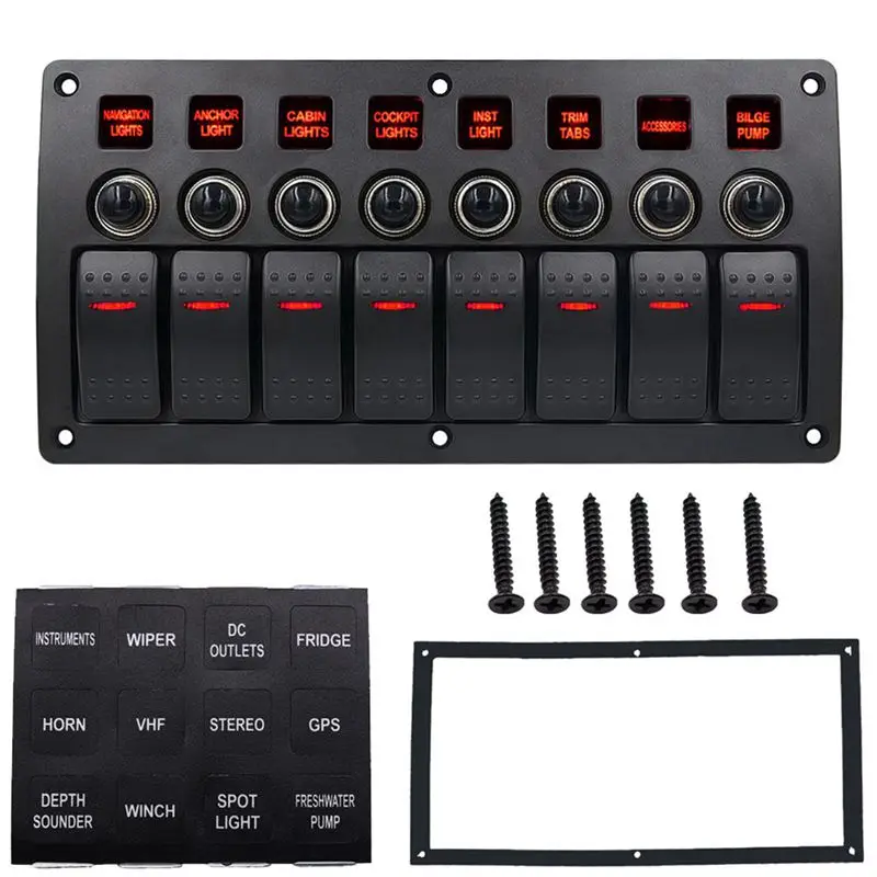 

Hot XD-Boat Car Marine Rocker Switch Panel 8 Gang 3PIN & Circuit Breaker Overload Protection Waterproof LED Switch Panel DC12/24