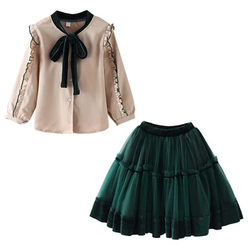 

Girl Sets 2020 Autumn Bowknot Shirt Long Sleeve + Mesh Dress 2pcs College Style Toddler Children's Clothes