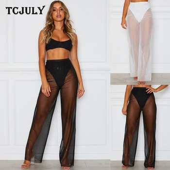 

TCJULY Sexy Hollow Out Mesh Pants Elastic Waist Perspective Casual Trousers Women Spring Summer Streetwear Solid Wide Leg Pants