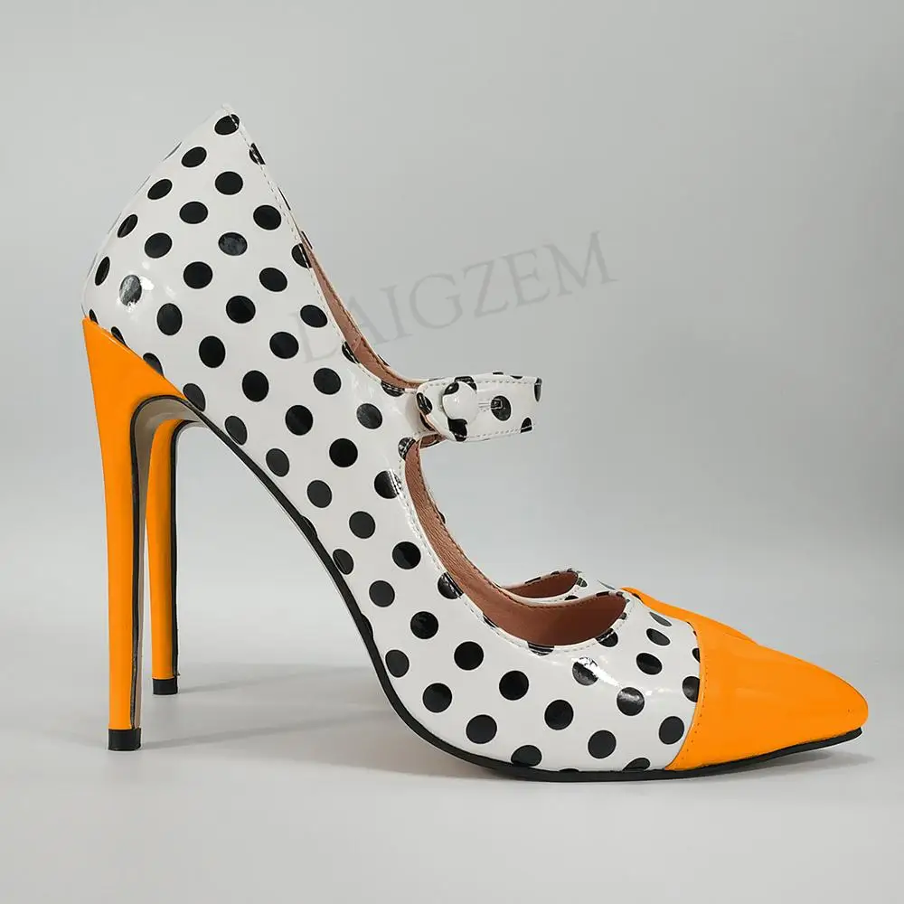 Orange LAIGZEM/женские туфли-лодочки в горошек на каблуке Туфли Мэри Джейн на шпильке; 4 сезона; женская обувь; Zapatos Talon Femme; большие размеры 44, 45, 46, 47 - Цвет: Orange