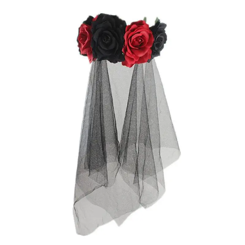 Womens Halloween Wreath Headband Handmade Fabric Rose Flower with Black Mesh Veil Tulle Crown Festival Day of The Dead Hair Hoop - Цвет: like pic