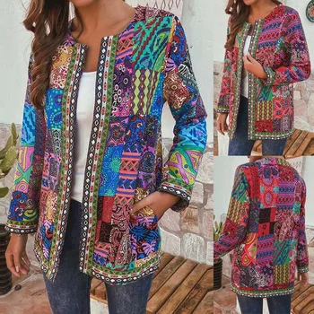 

Women Vintage Ethnic Style Jackets CardiganFloral Print Long Sleeve Plus Size Cotton Trench Jacket Women Basic Outerwear Coat 40
