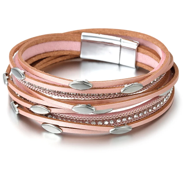 ALLYES Leaf Charm Pink Leather Bracelets for Women 2022 Fashion Crystal Chain Boho Multilayer Wrap Bracelet Femme Jewelry 2