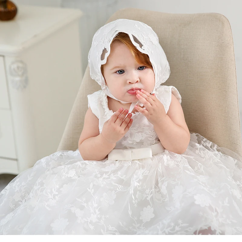 Детское платье на крестины длиной до пола; крестильные наряды с шляпой; белое кружевное платье для крещения для новорожденных; платье на крестины
