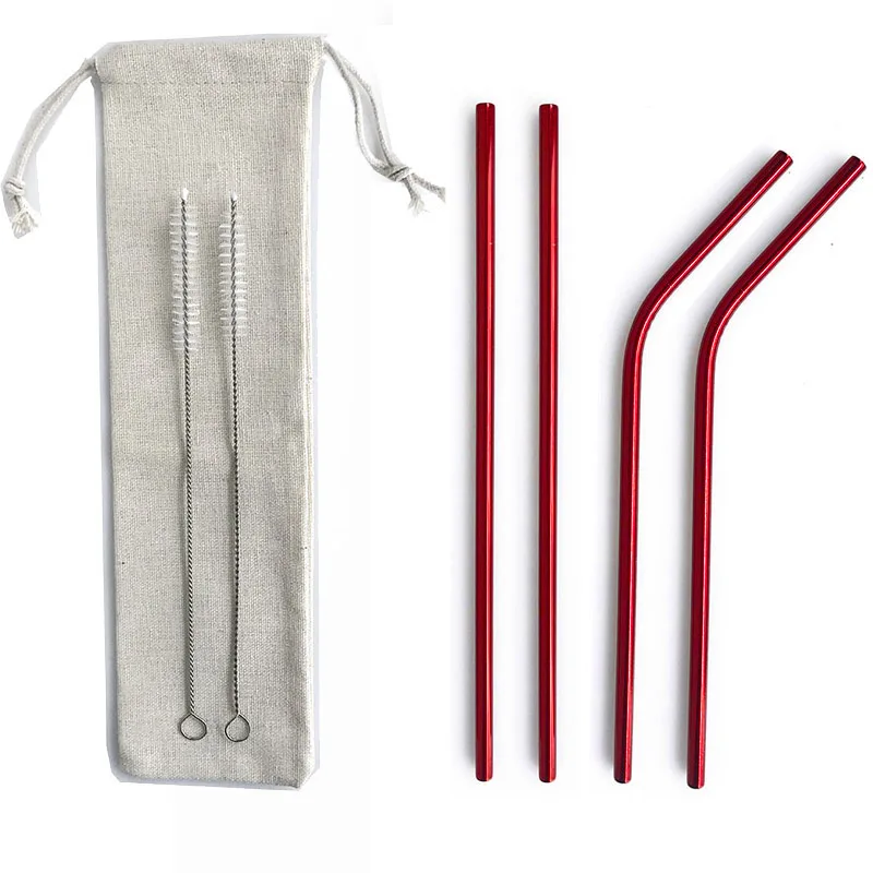 Red 7Pcs 4/7 шт многоразовые 215*6 мм металлический питьевые соломки, Нержавеющая сталь гнутые прямые соломинка для напитков бар вечерние оптом с сумочкой в комплекте; Новинка; Прямая поставка - Цвет: Red 7Pcs
