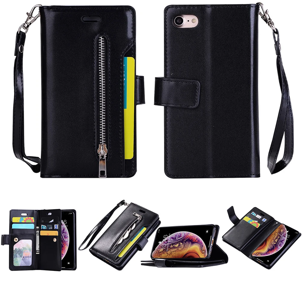 black LAPOPNUT чехол для Iphone 11 Pro Xs Max X Xr 8 7 Plus 6 6s 5 5S SE кожаный бумажник на молнии откидной карман Сумочка с ремешком - Цвет: black