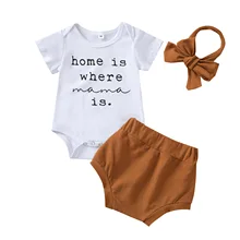 

3Pcs Tracksuits Letter Print O-Neck Short Sleeves Bodysuit Elastic Pantie Headband for Toddler Baby Girls 0-18 Months