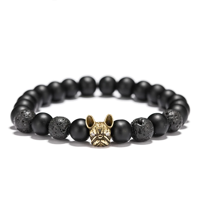 Noter French Bulldog Bracelet Men Vintage Copper Beads Strand Bracelet Natural Matte Lava Stone Braslet Erkek Bileklik Pulseras