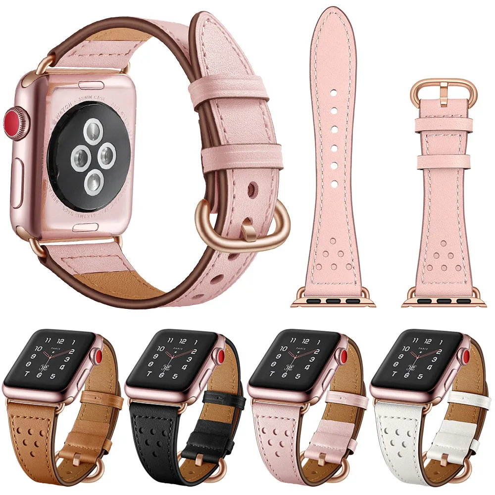 Тонкий кожаный ремешок в форме талии для Apple Watch 38 мм 40 с пряжкой из розового