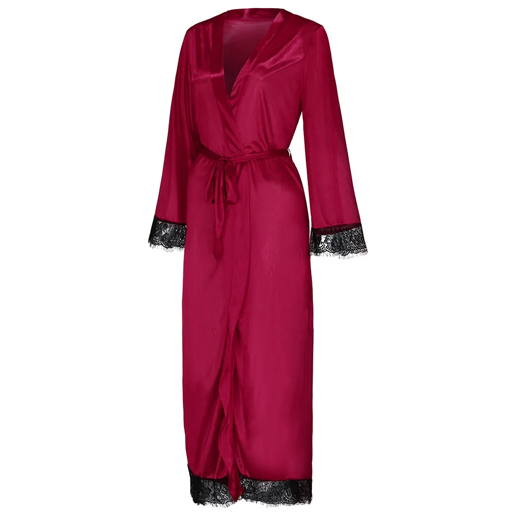 Women Sexy Long Silk Dressing Lace Lingerie Underwear Dress Bath Robe Lace Lingerie Wine Red Nightdress Hot Ladies Nightgown2019