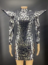 Black Silver Long Sleeve Sequins Dance Outfit Evening Performance Dress Wear Team Show Costume Evening Stretch
