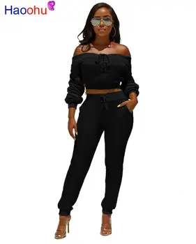 

HAOOHU Sexy Bandage Two Piece Set Tracksuit Off Shoulder Long Sleeves Crop Top and Long Pants Set 2 Piece Outfits Matching Sets
