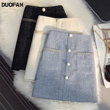 

DUOFAN 2021 New Elegant Pocket Skirt for Women Autumn Winter High-Waist Woolen A-Line Skirt Exquisite buttons Tweed Mini Skirts