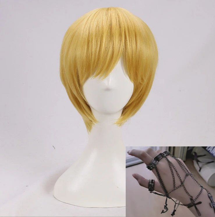 Anime Hunter x Hunter Wigs Kurapika Short Blonde Heat Resistant Synthetic Hair Cosplay Wig + Wig Cap + Rings Chain Accessories anime maid outfit