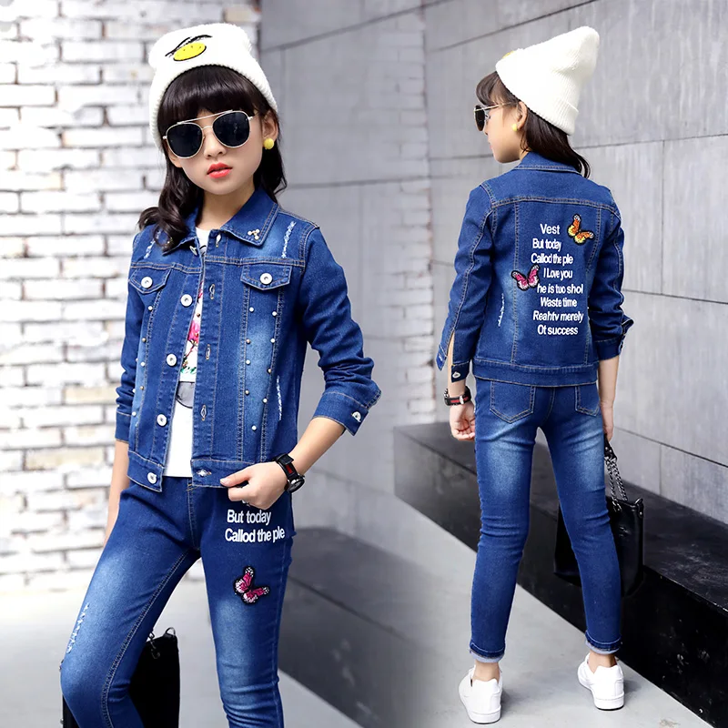 

2019 Kids Clothing Set Print bird Girls jeans set Long Sleeve Jacket+pant+shirt 3pcs set 6 7 8 9 12 15 year DX03104