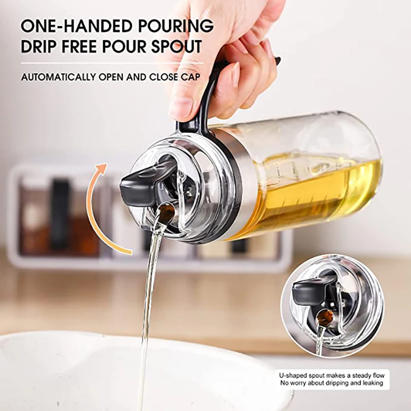 Large Olive Oil Dispenser Bottle Auto Flip Condiment Container Automatic Cap and Leakproof Vinegar Glass Cruet