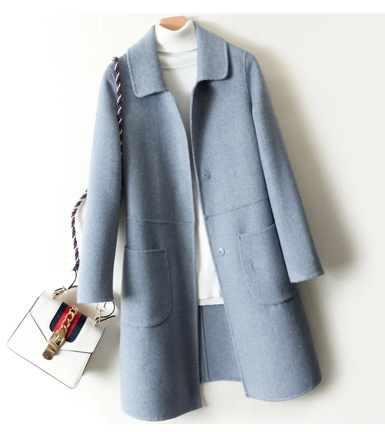 Autumn Winter Women Double-faced Wool Coat High quality Doll collar Single-breasted Long Overcoat Female Slim Wool Blends Jacket