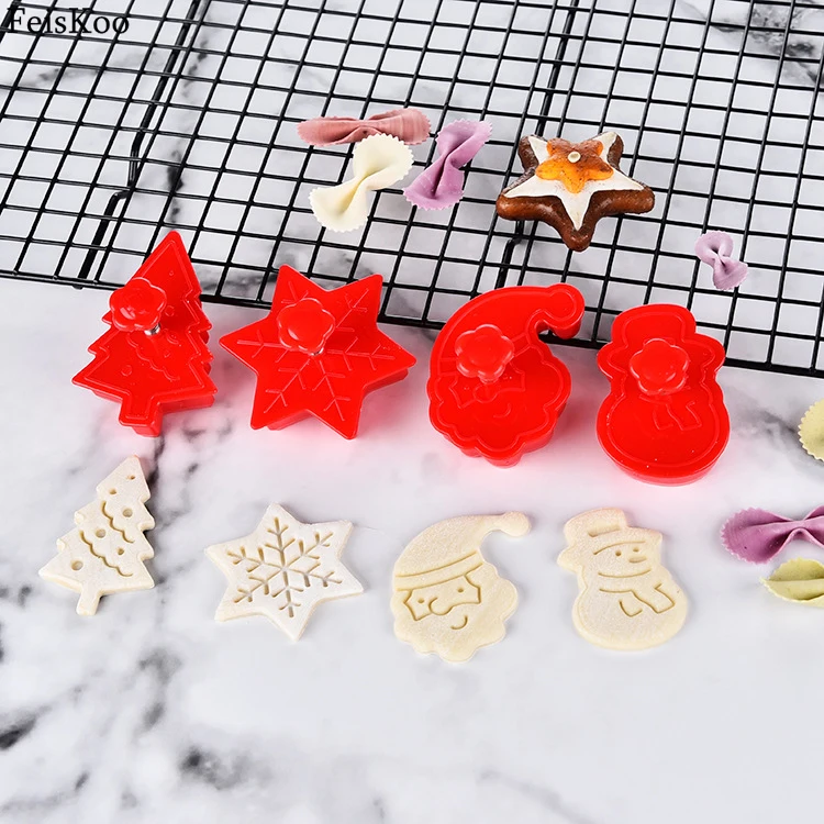 DIY 4pcs Christmas Tree Snowman Plastic Baking Mold Kitchen Biscuit Cookie Cutter Pastry Plunger Fondant Cake Decorating Tools
