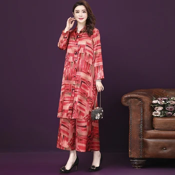 

2020 Retro Printing Wide Leg Pants 2 Piece Suit Plus Size Dress 6xl Women Clothes Loose Dresses Long Sleeve Cardigan Loose