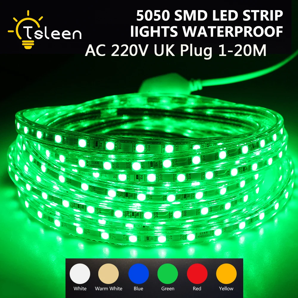 

High Quality 1m 2m 3m 4~20m Uk Plug LED Strip Lights AC 220-240V Waterproof IP67 Cut It Any Length As You Need 5050 SMD 60Pcs/M