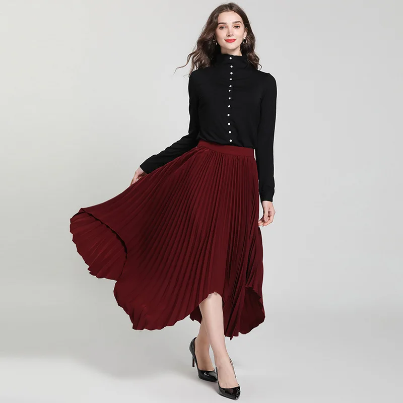 Летняя Длинная женская юбка элегантная плиссированная винно-красные весенние