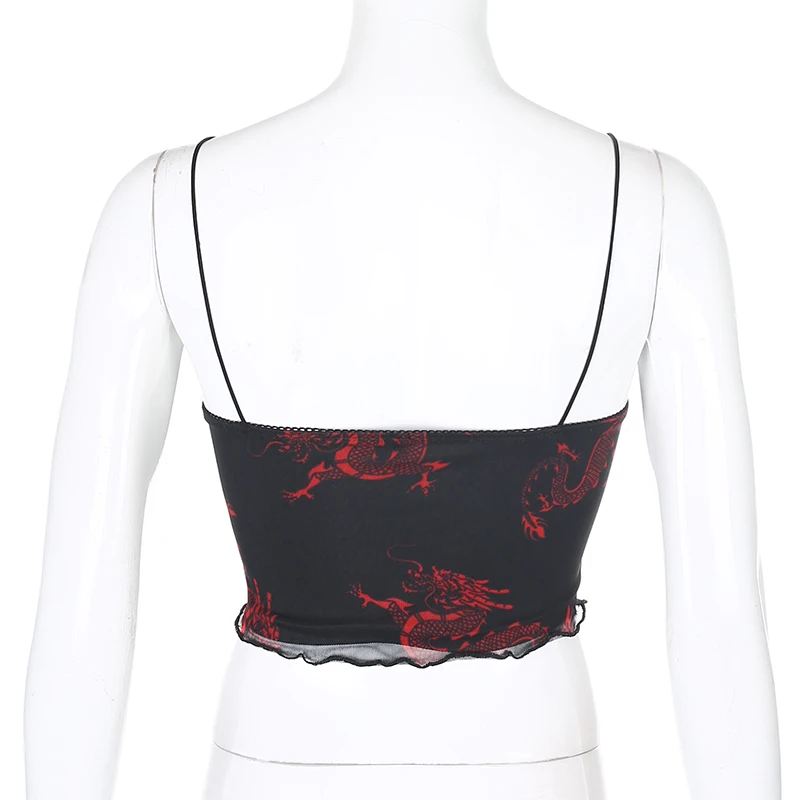Darlingaga Chinese Style Dragon Print Summer Two Piece Set Women Mesh Sexy Matching Sets Strap Crop Top and Mini Skirt Suit 2020