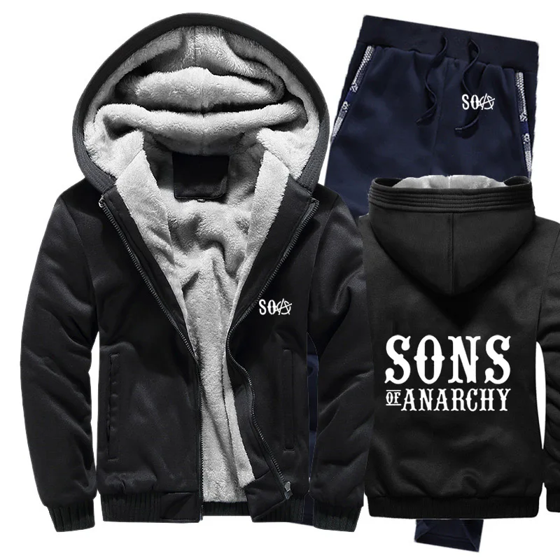SOA Sons of толстовки анархия мужской костюм Зимние флисовые утепленные пальто на молнии свитшоты, мужские худи куртка+ брюки комплекты из 2 предметов