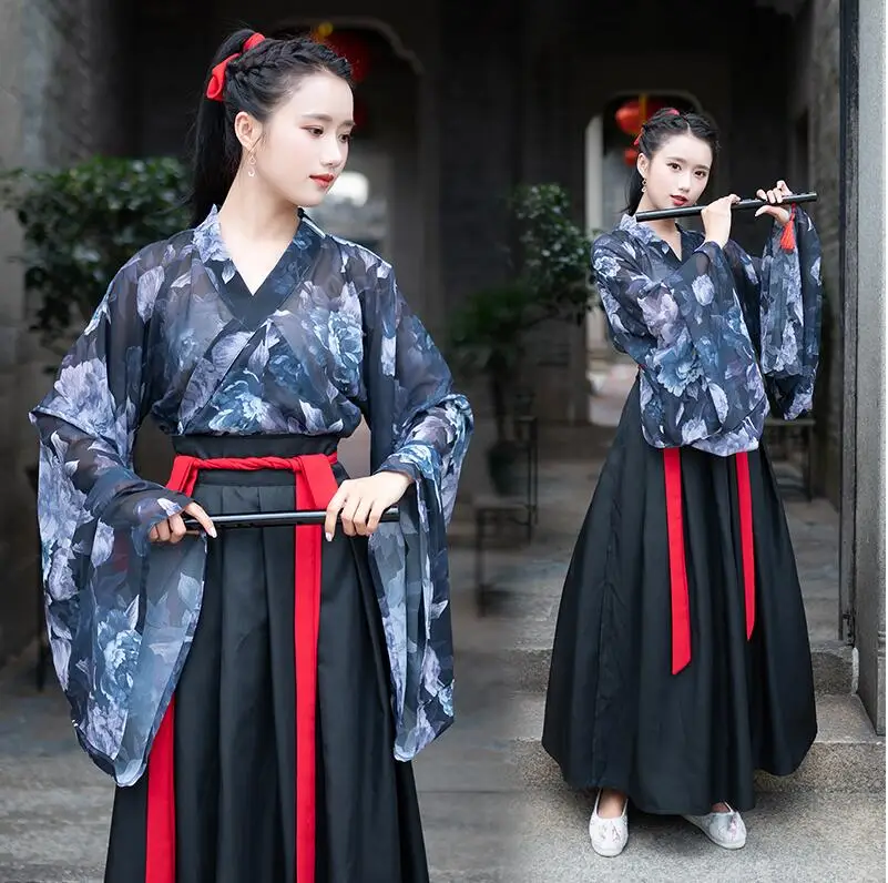 Синий китайский традиционный Wei Jin стиль Hanfu Женский Печатный Большой рукав японский стиль студенческий Косплей народное представление наряд