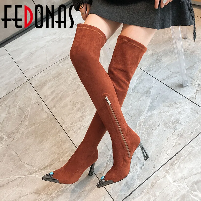 

FEDONAS Sexy Rhinestone Female Big Size Socks Boots Winter Flock Thin Heels Prom Shoes Woman Slim Women Over The Knee High Boots