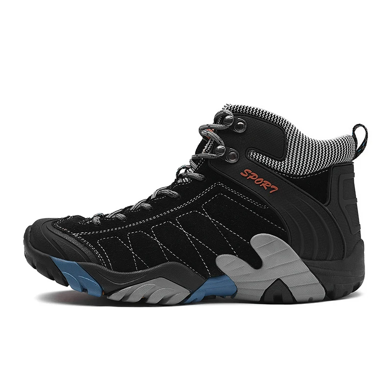 Зимние мужские походные ботинки, сохраняющие тепло, плюшевые, Спортивная мужская обувь, уличные треккинговые теплые альпинистские ботинки, кроссовки из натуральной кожи - Color: Black
