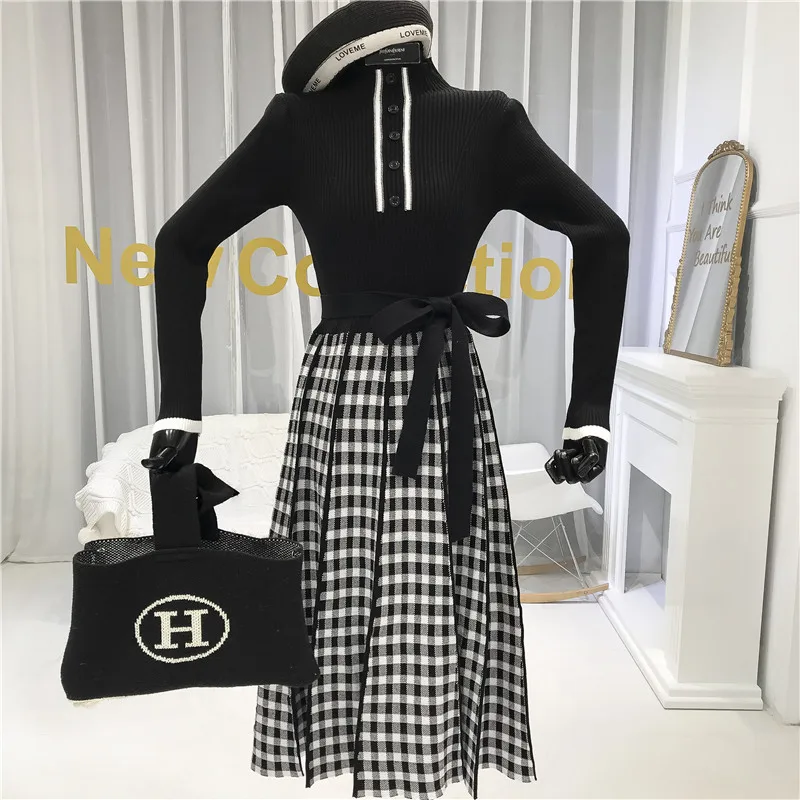 ALPHALMODA зимнее Новое вязаное платье в клетку с высоким воротником и длинными рукавами, однобортное женское винтажное элегантное платье с бантом и поясом