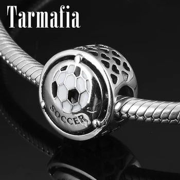 

Charming White Enamel Letter soccer Round Beads 925 Sterling Silver Women Accessories fit Original Pandora Charm Bracelet Gift