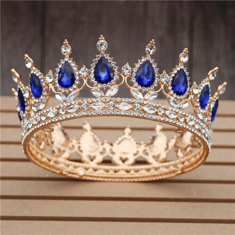 Gold Blue 30 вариантов хрустальные диадемы невесты свадебная корона королевская Королева Король круглый диадема свадебный головной убор Театрализованное украшение для волос аксессуар для головы - Окраска металла: Gold Blue