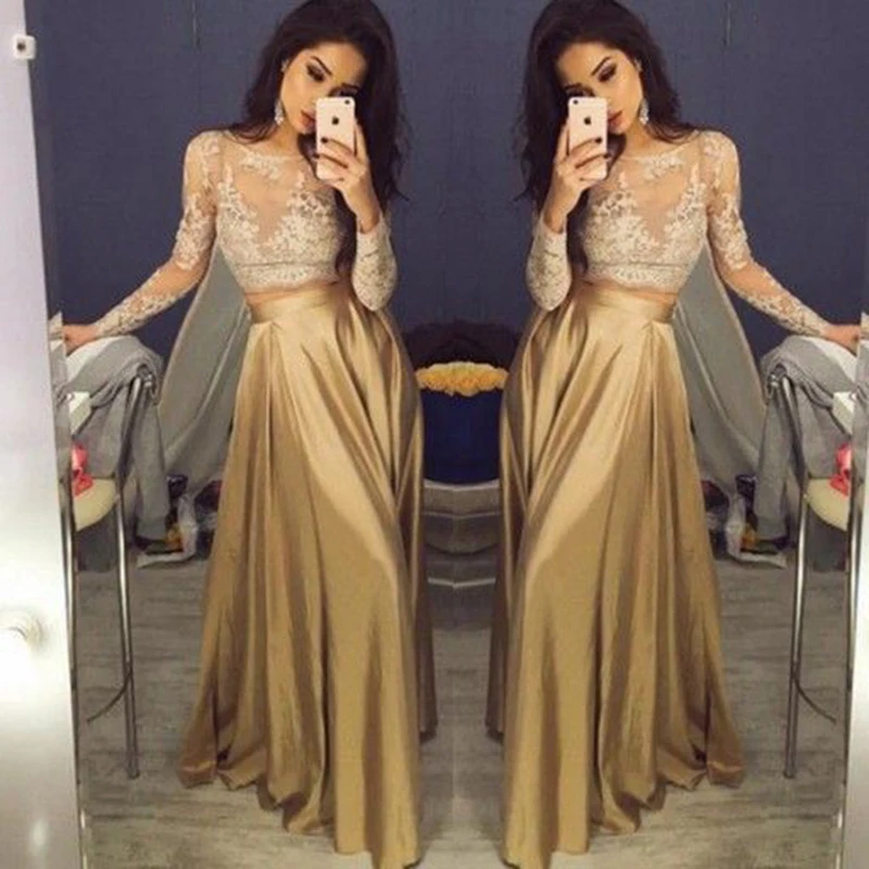 Two Piece Long A Line Prom Dresses New Sleeve Lace Applique Scoop Neck Floor Length Formal Evening Dress Party Gowns | Свадьбы и
