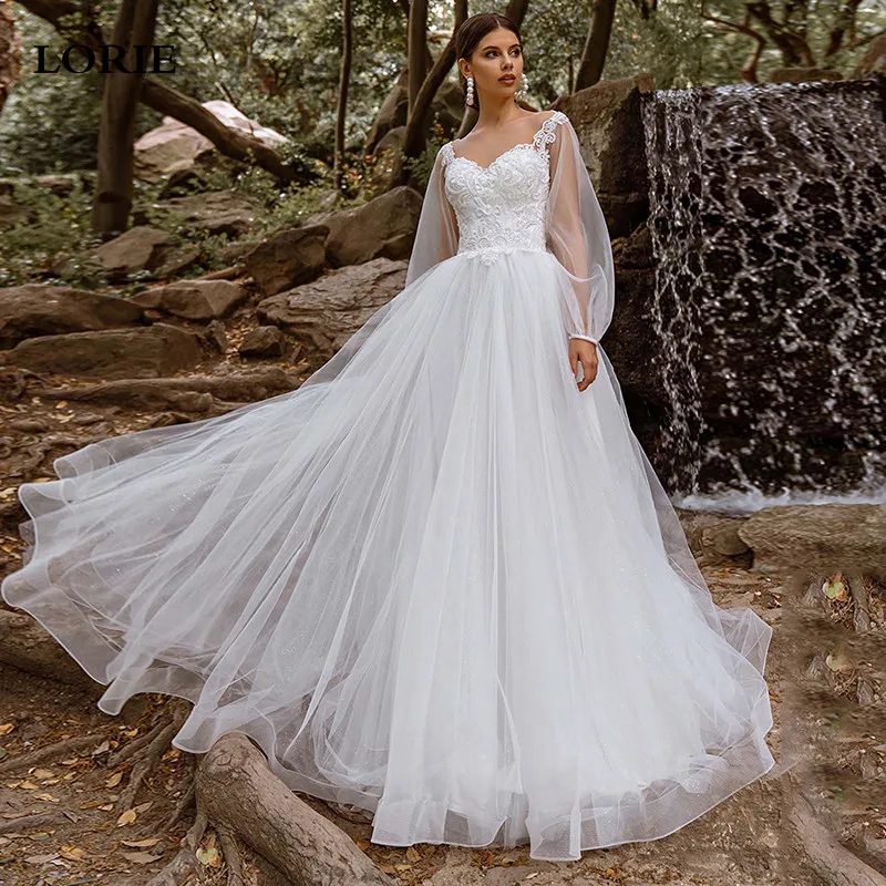 LORIE abito da sposa in pizzo con maniche a sbuffo 2021 abiti da sposa  eleganti in pizzo appliquato corsetto a trapezio indietro abiti da sposa  principessa|Wedding Dresses| - AliExpress