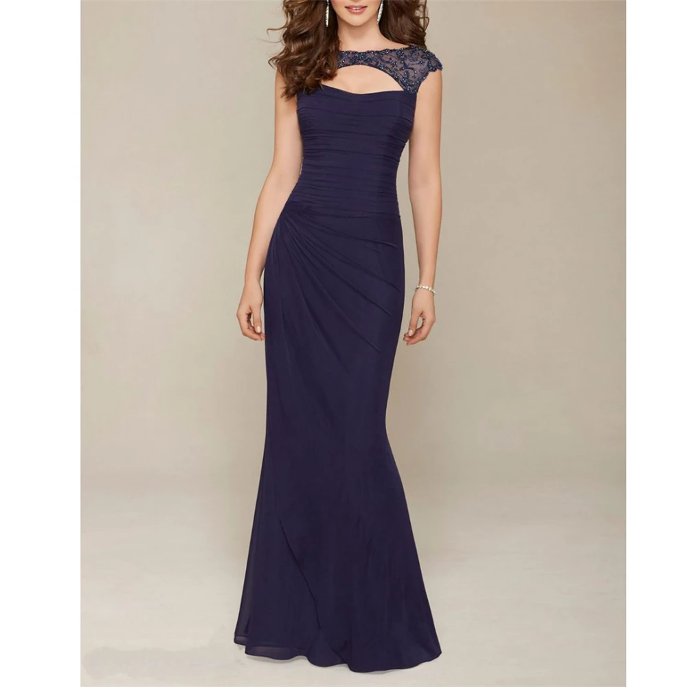 Unqiue Navy Blue Chiffon Vestidos De Fiesta De Noche Cap Sleeves Sheath Pleat Beading Custom-Made Mother Dresses