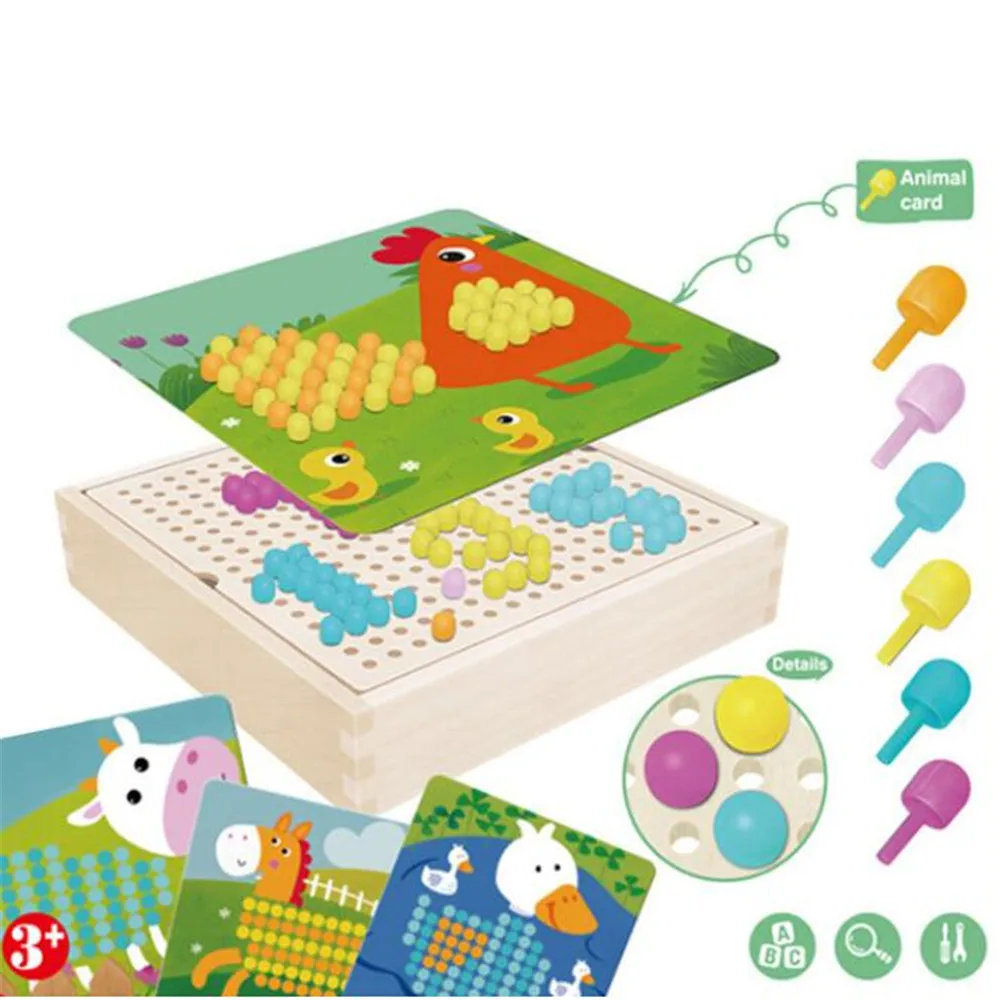 Farm 240 шт 3D головоломки детские игрушки грибной гвоздь умный с деревянным ящиком для хранения Мозаика Peg доска головоломки Дети DIY обучающие - Цвет: Farm