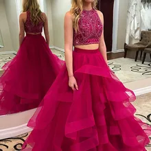 Милое платье для выпускного вечера из двух частей с жемчугом и шлейфом темно-красное платье из тюля для выпускного вечера с бисером и оборками