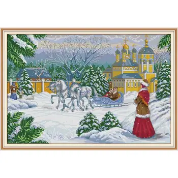 

Waiting in the snow Cross Stitch Kit 11CT 14CT Cross Stitch Set Winter Landscape DIY Embroidery Needlework Christmas Decoration