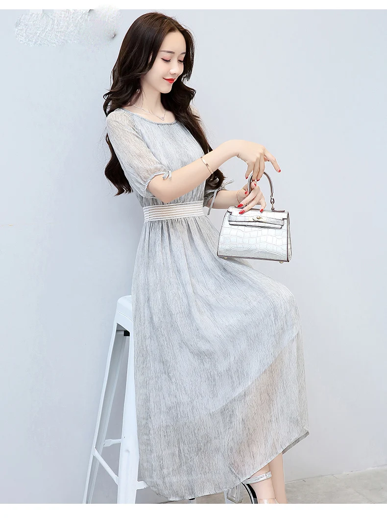 New Women summer Solid High waist Dresses Short sleeve Chiffon Pleated Dress high quality Loose Casual Plus size Long Dress