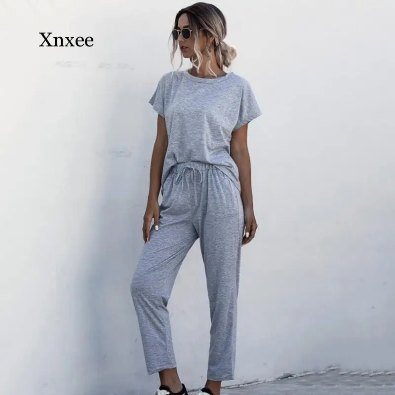 

2021 Summer Women's Suit Casual Wear Short-Sleeved Top Trousers Sports Suit Elastic Casual Solid Color Suit